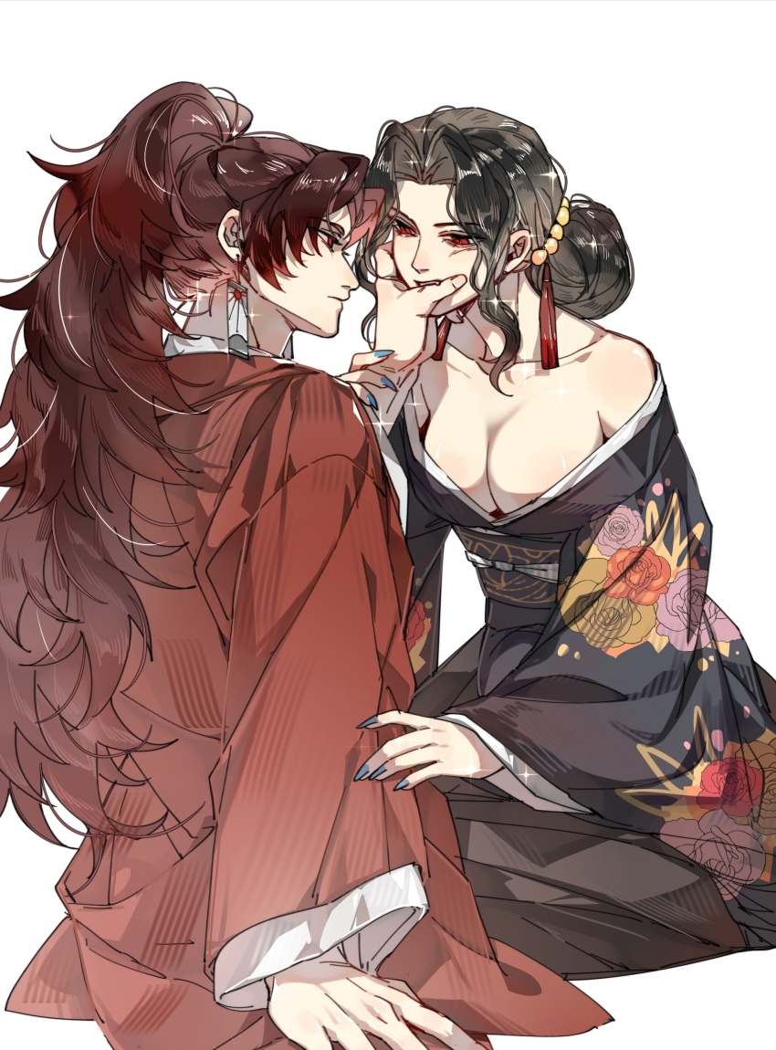 1boy, 1girl, absurdres, black_hair, black_kimono, breasts, cleavage, demon_girl