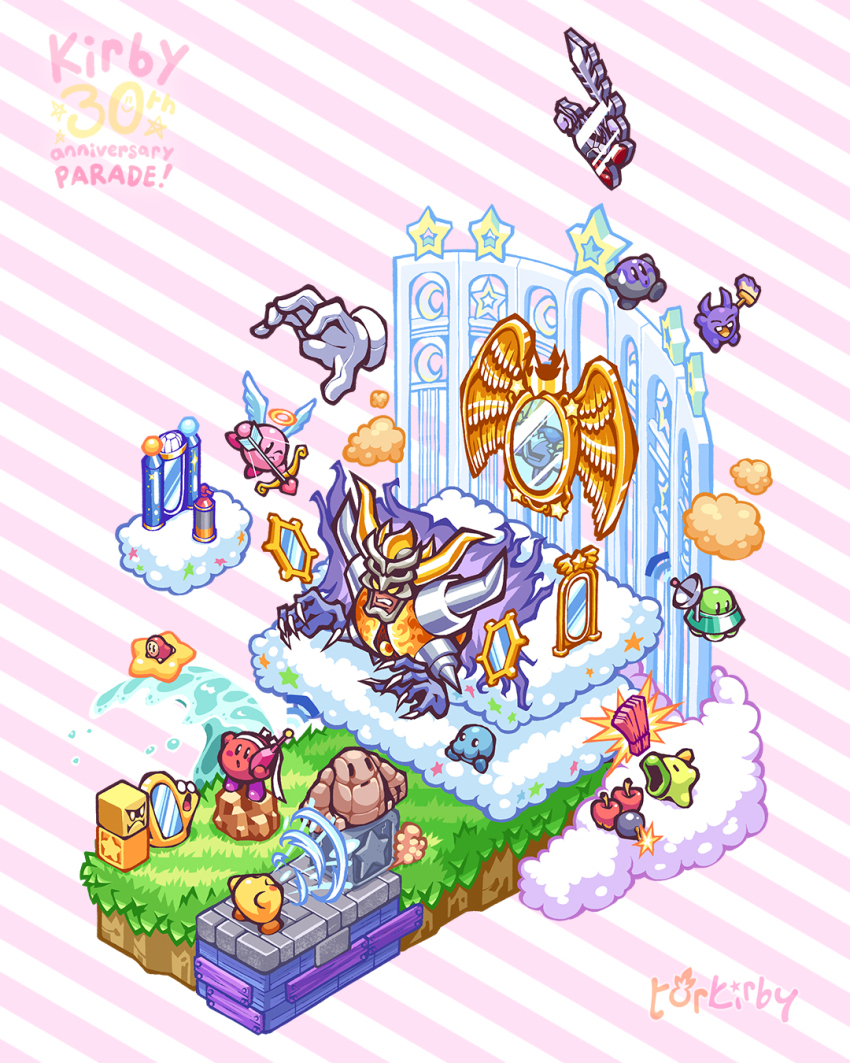 !, !!, aiming, angel_wings, anniversary, apple, arrow_(projectile), blockin