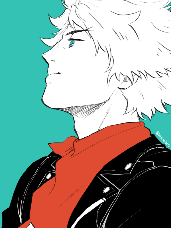 1boy, adam's_apple, bandana, black_jacket, blue_background, classicaloid, closed_mouth, from_side