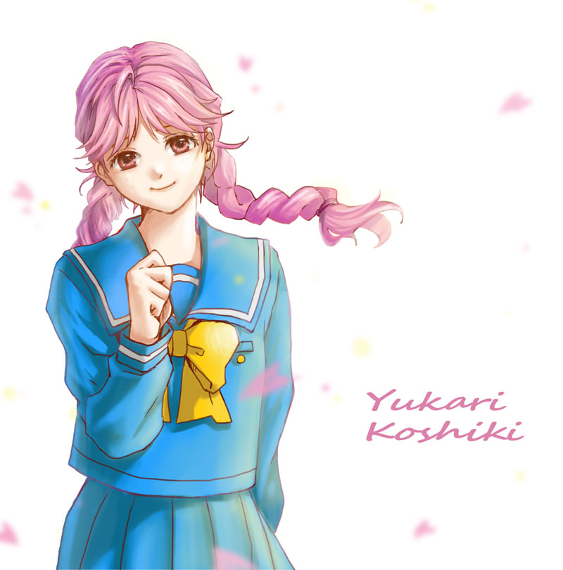 1girl, arm_at_side, blue_sailor_collar, blue_serafuku, bow, braid, character_name, hand_up