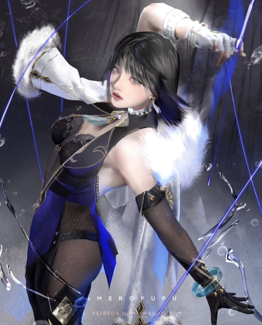 1girl, ameropupu, arm_up, armpits, artist_name, asymmetrical_gloves, backless_bodysuit, bare_shoulders