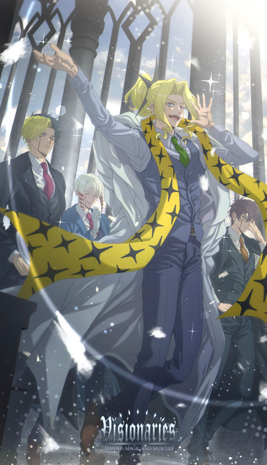 4boys, black_hair, black_robe, blonde_hair, brown_necktie, closed_mouth, coat, collared_shirt