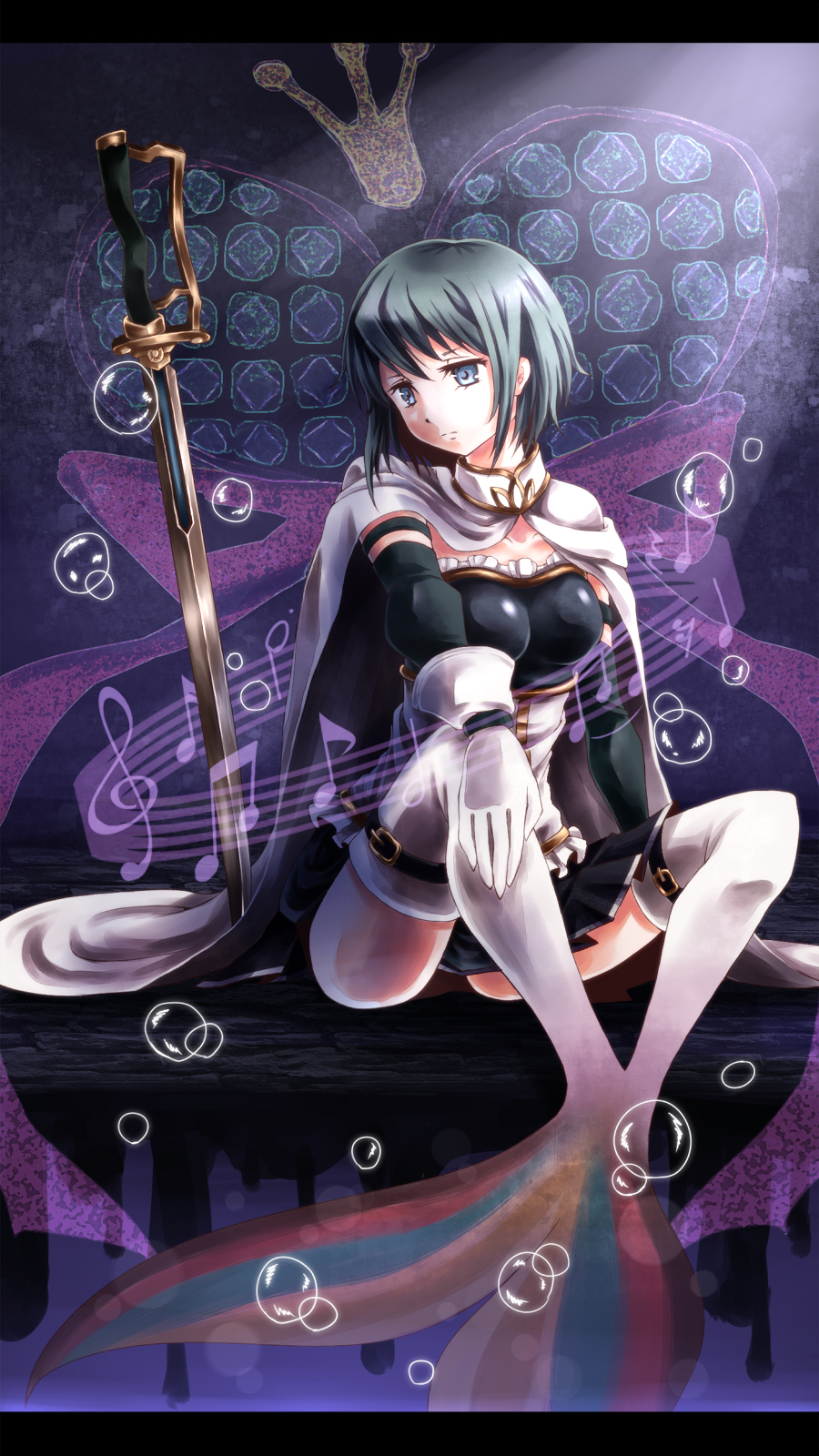 10s, 1girl, blue_hair, cape, female_focus, highres, mahou_shoujo_madoka_magica, mahou_shoujo_madoka_magica_(anime), miki_sayaka, miki_sayaka_(magical_girl), musical_note, namu_(artist), namuko, oktavia_von_seckendorff, sitting, solo, spoilers, sword, thighhighs, weapon, white_thighhighs, zettai_ryouiki
