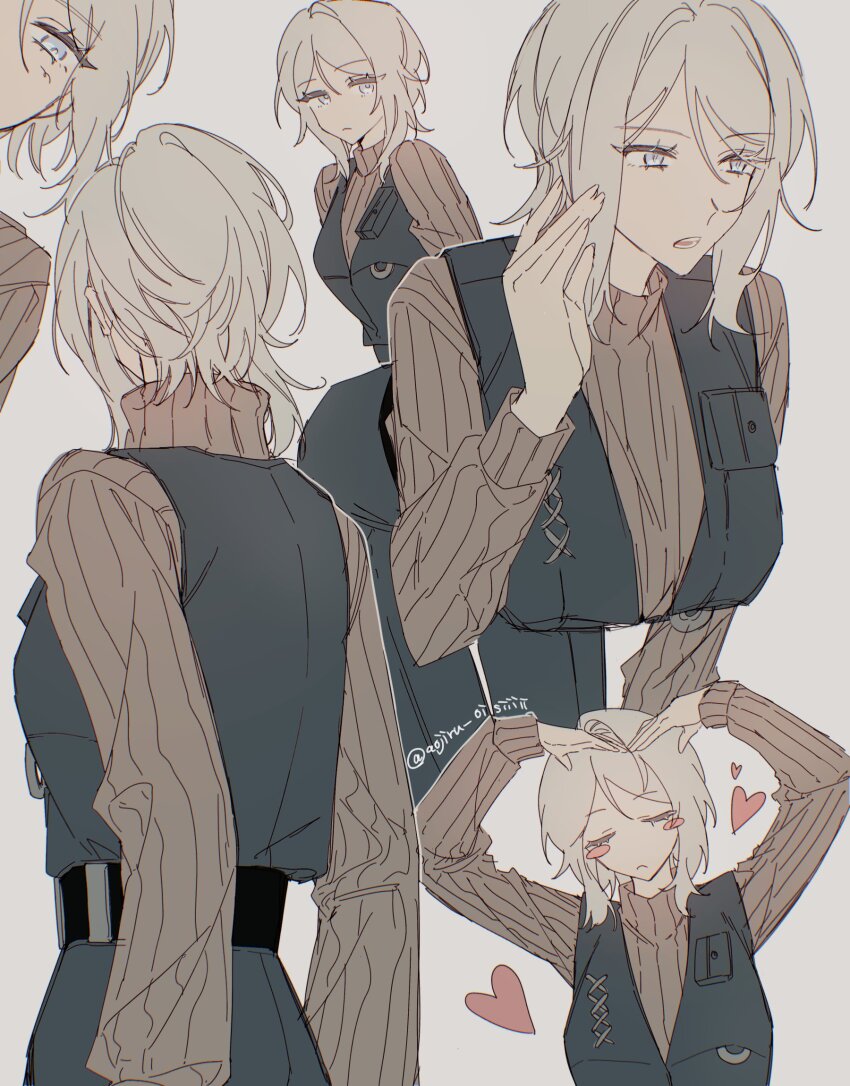 1girl, aojiru_oisiiiii, blue_eyes, closed_eyes, faust_(project_moon), from_behind, grey_background, heart