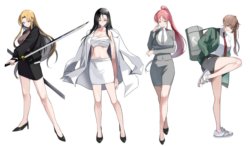 absurdres, arms_at_sides, black_hair, black_sclera, black_shoes, black_skirt, blonde_hair, breast_lift