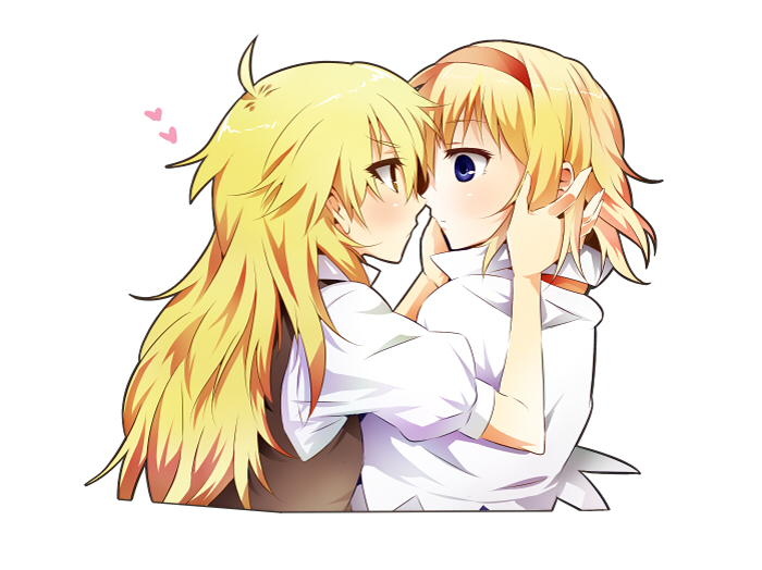 2girls, ahoge, alice_margatroid, blonde_hair, blue_eyes, blush, brown_eyes, eye_contact