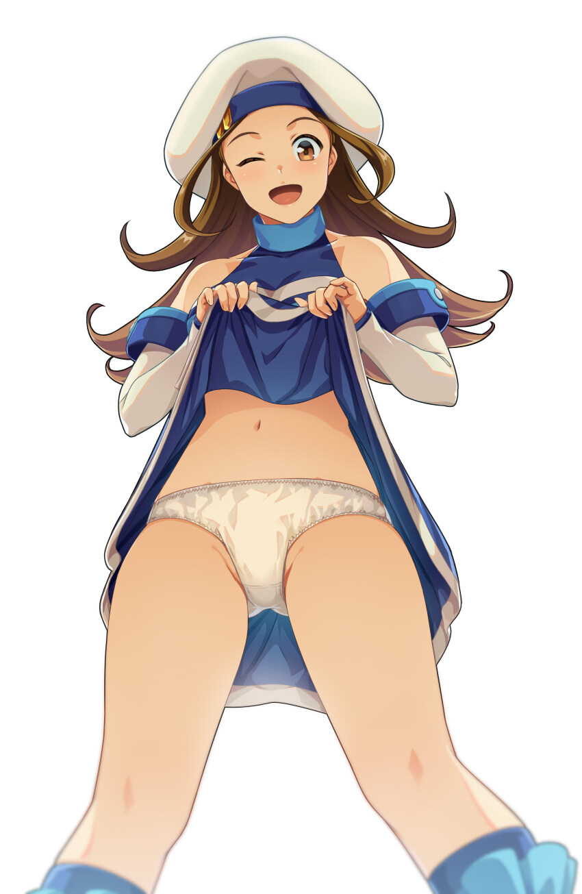1girl, ;d, absurdres, agira, bare_shoulders, beret, blue_dress, blue_socks, brown_eyes, brown_hair, clothes_lift, commentary_request, commission, covered_collarbone, cowboy_shot, crotch_seam, detached_sleeves, dress, dress_lift, from_below, gensou_suikoden, gensou_suikoden_ii, groin, hat, highres, kneehighs, lifting_own_clothes, long_hair, looking_at_viewer, millie_(suikoden), navel, one_eye_closed, open_mouth, panties, pixiv_commission, presenting, simple_background, skirt, skirt_lift, sleeveless, sleeveless_dress, smile, socks, solo, standing, stomach, underwear, white_background, white_hat, white_panties, white_sleeves