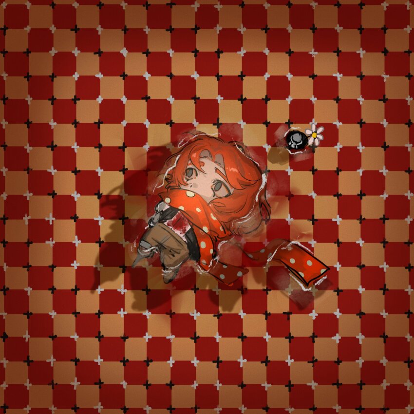 1boy, afloat, black_hair, black_vest, blood, blood_on_clothes, brown_pants, chibi