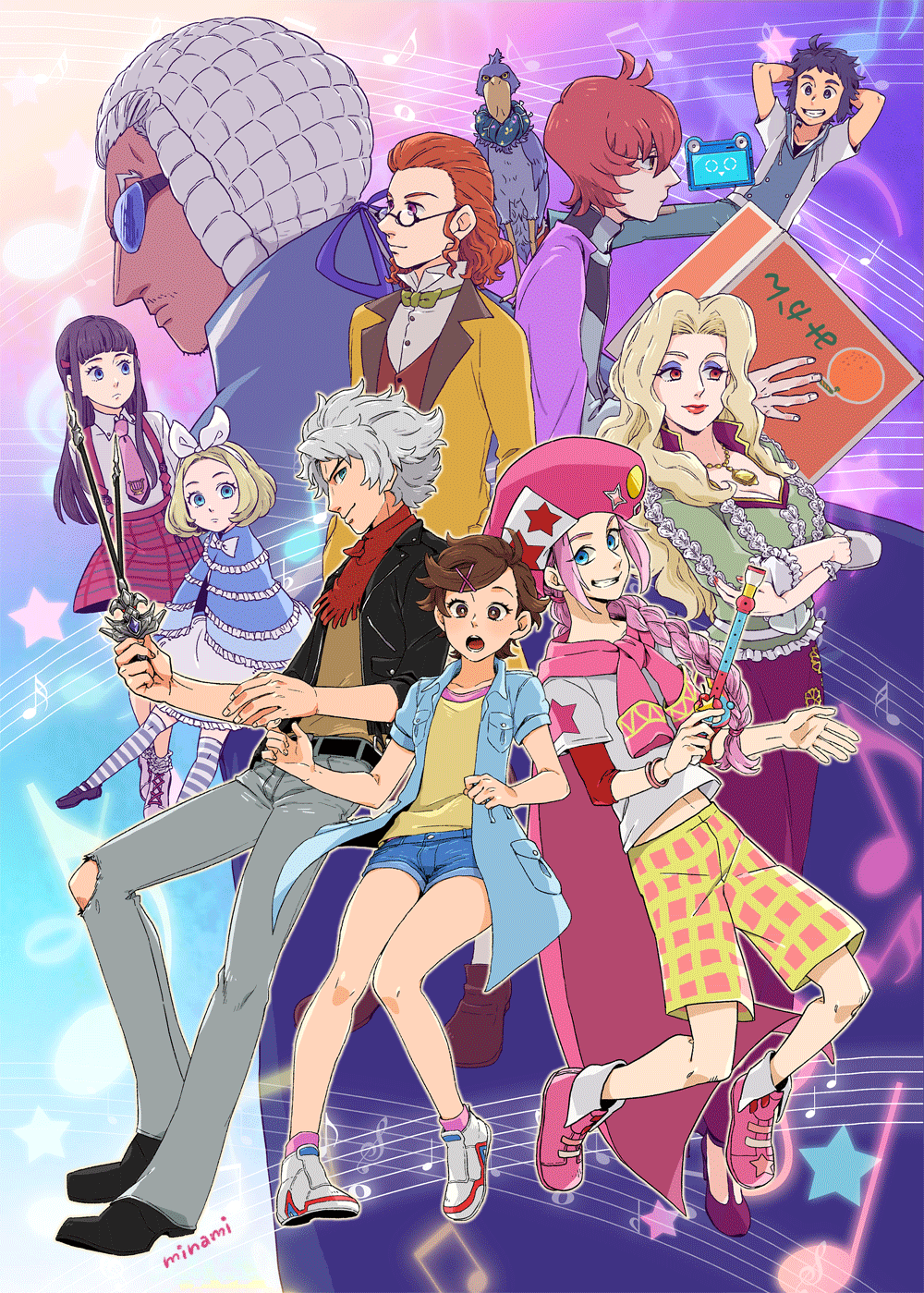 4girls, 6+boys, arms_behind_head, bandana, bird, black_jacket, blonde_hair, blue-tinted_eyewear