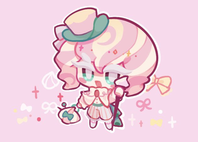 1boy, :d, androgynous, belt, blonde_hair, blush_stickers, bow, bright_pupils, colored_eyelashes, cookie_run, cookie_run:_ovenbreak, full_body, green_belt, green_eyes, hashtag-only_commentary, hat, hat_bow, holding, male_focus, mini_hat, mini_top_hat, multicolored_hair, open_mouth, outline, pale_skin, pastel_meringue_cookie, pink_background, pink_bow, pink_hair, pink_hat, pink_ribbon, ribbon, shirt, short_hair, shorts, single_eyebrow, smile, solo, sparkle, standing, streaked_hair, striped_clothes, striped_shorts, tongue, top_hat, two-tone_hair, vertical-striped_clothes, vertical-striped_shorts, white_eyelashes, white_outline, white_pupils, white_ribbon, white_shirt, y_songmo, yellow_bow