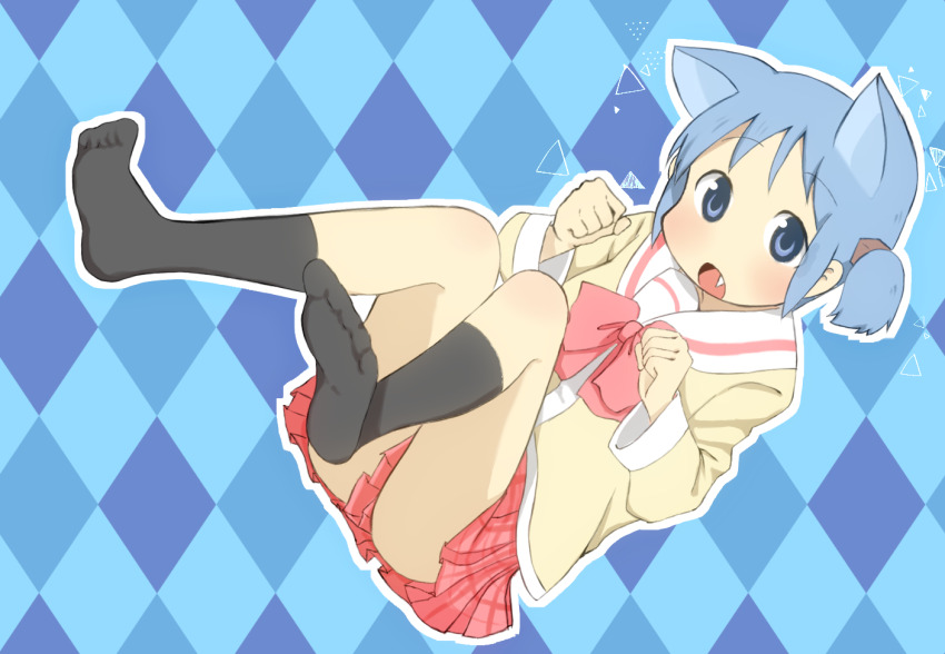 1girl, animal_ears, black_socks, blue_background, blue_eyes, blue_hair, bow, bowtie