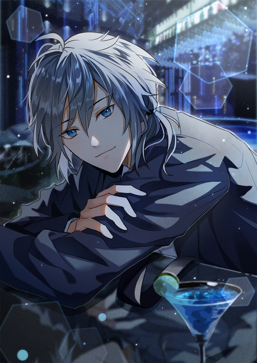 1boy, aguaaaaaa, arms_on_table, bar_(place), black_jacket, black_suit, blue_eyes, chinese_commentary