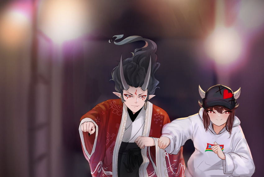 1boy, 1girl, baseball_cap, black_hair, black_hakama, black_nails, blurry, blurry_background