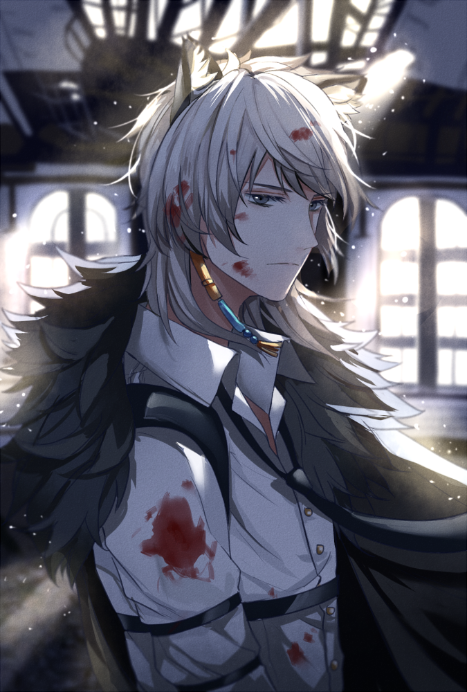 1boy, aguaaaaaa, animal_ears, arknights, black_cape, black_necktie, blood, blood_in_hair