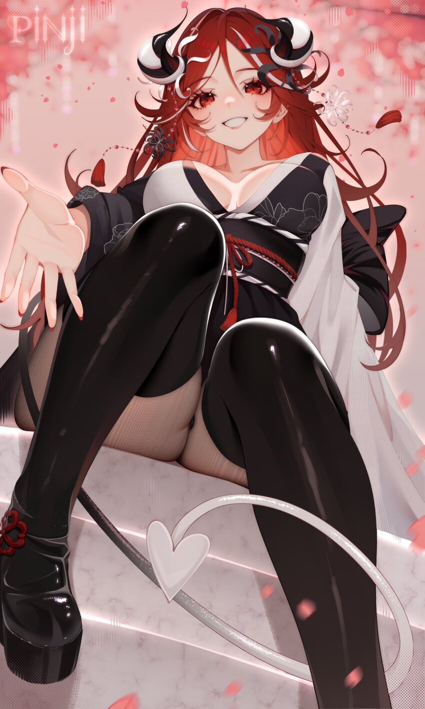 1girl, black_kimono, black_thighhighs, breasts, commission, demon_girl, demon_horns, heart