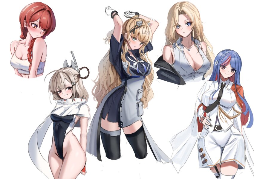 5girls, aiguillette, apron, arms_behind_back, arms_up, belt, black_belt, black_necktie