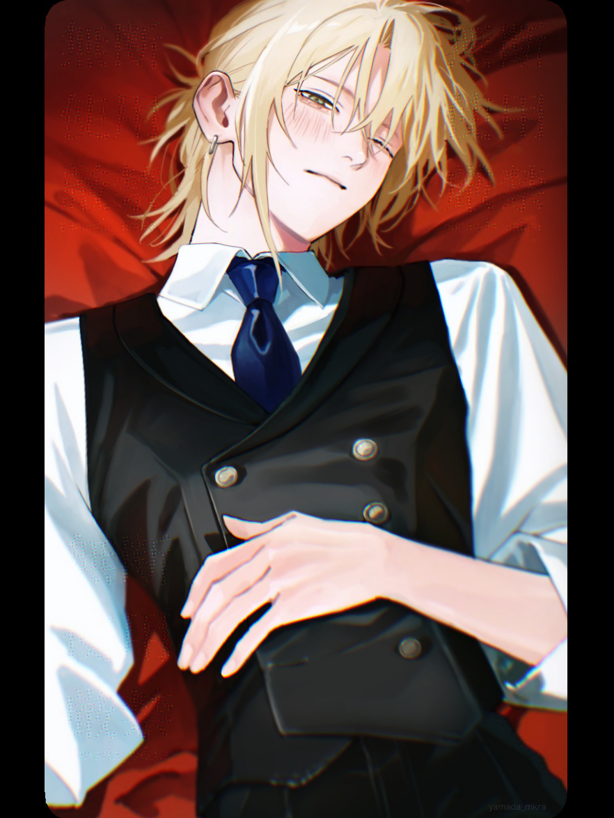 1boy, black_vest, blonde_hair, blue_necktie, blush, buttons, closed_mouth, collared_shirt