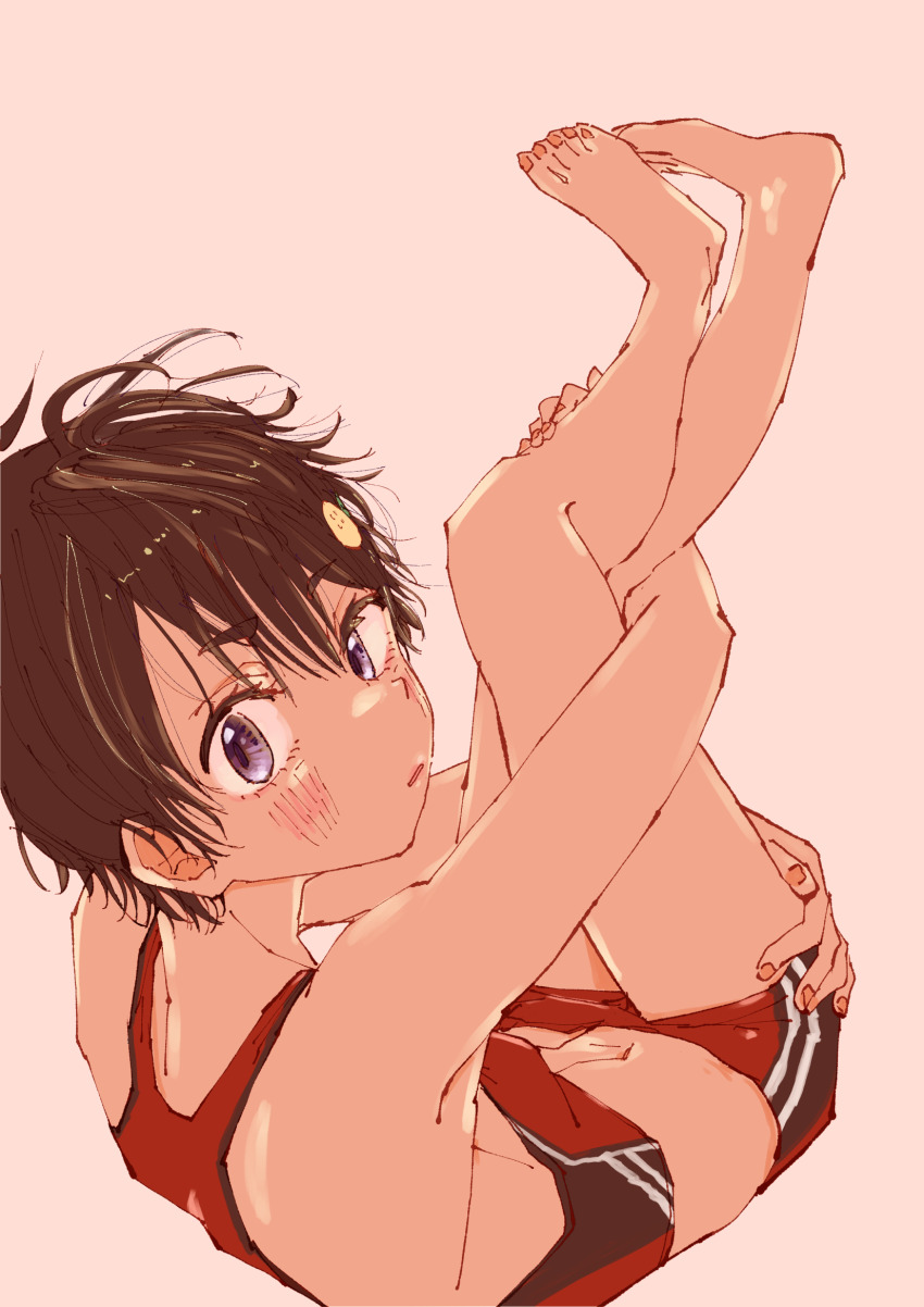 1girl, barefoot, black_hair, blush, doyoufeellucky, food-themed_hair_ornament, from_behind, full_body, hair_ornament, highres, hugging_own_legs, legs_up, lemon_hair_ornament, looking_at_viewer, looking_back, lying, make_heroine_ga_oo_sugiru!, on_back, pink_background, purple_eyes, red_shorts, red_sports_bra, short_hair, short_shorts, shorts, simple_background, solo, sports_bra, yakishio_lemon