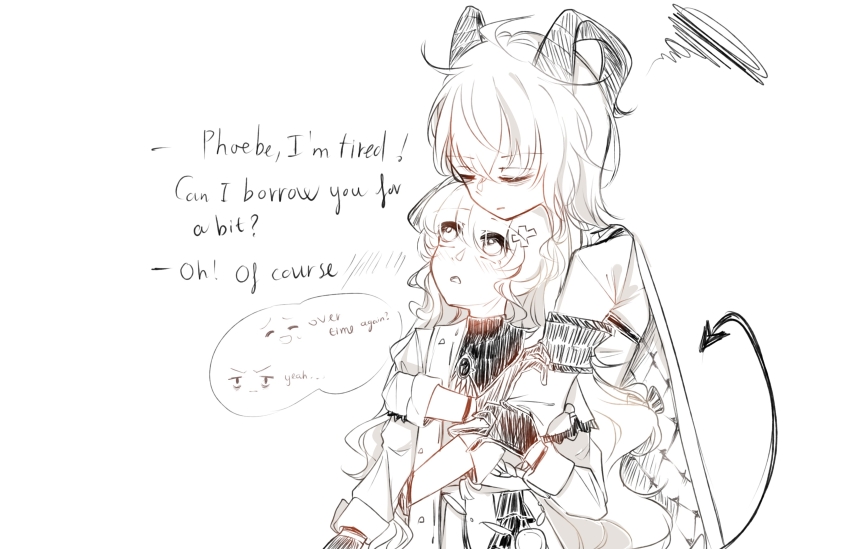 2girls, absurdres, armband, bags_under_eyes, blush, closed_eyes, closed_mouth, curled_horns