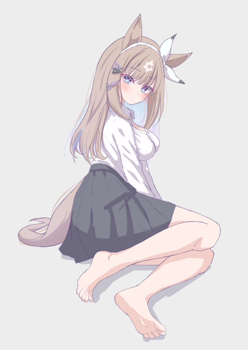 1girl, almond_eye_(umamusume), animal_ears, barefoot, black_skirt, blue_eyes, blush, bow