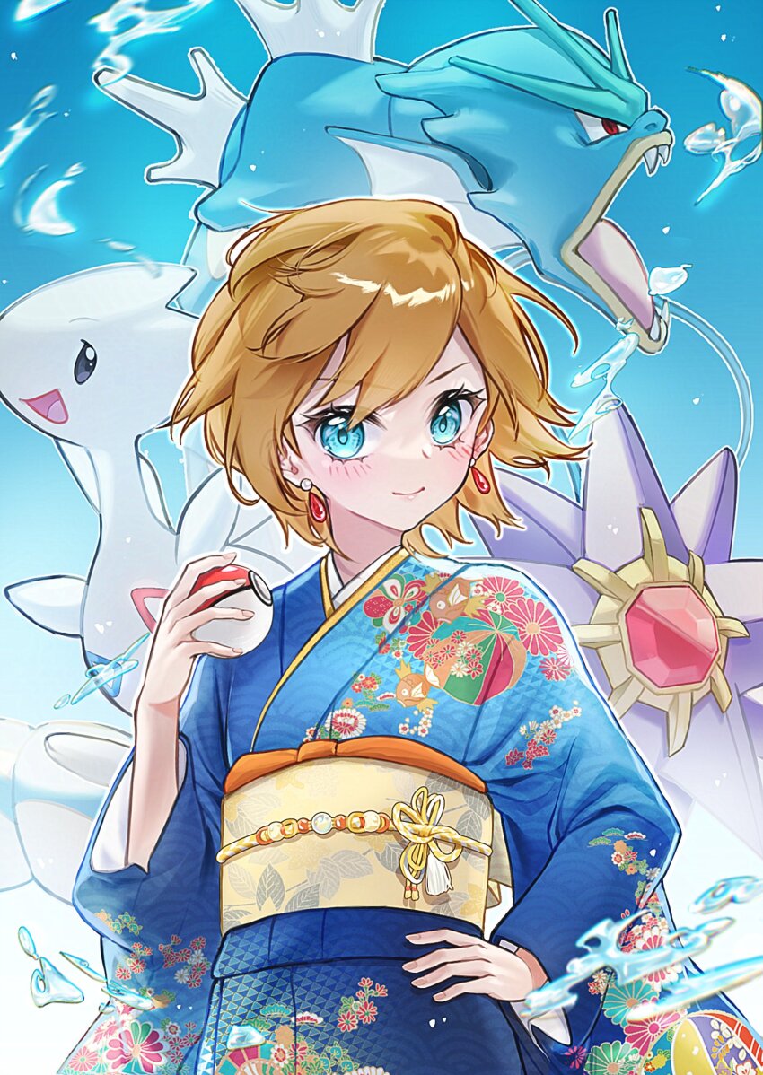 1girl, adapted_costume, blue_eyes, blue_kimono, blush, brown_hair, chin_yu_khn, closed_mouth, earrings, eyelashes, floral_print, gen_1_pokemon, gen_2_pokemon, gyarados, hand_on_own_hip, hand_up, highres, holding, holding_poke_ball, japanese_clothes, jewelry, kimono, long_sleeves, looking_at_viewer, magikarp, misty_(pokemon), misty_(sygna_suit)_(pokemon), nintendo, obi, open_mouth, poke_ball, poke_ball_(basic), pokemon, pokemon_masters_ex, red_eyes, robe, sash, short_hair, smile, solo, starmie, togetic, water, wide_sleeves