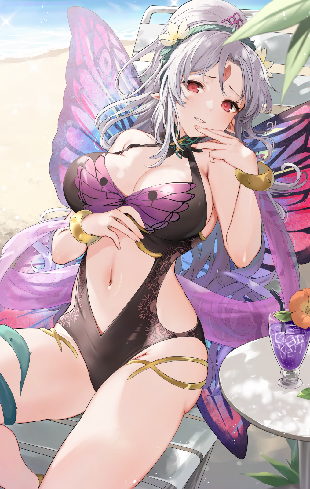 1girl, animal_print, armlet, beach, black_one-piece_swimsuit, breasts, butterfly_print, butterfly_wings