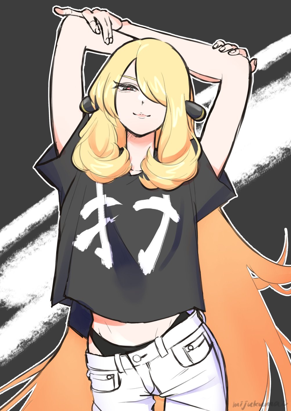 1girl, arms_up, artist_name, bare_arms, black_panties, black_shirt, blonde_hair, clothes_writing