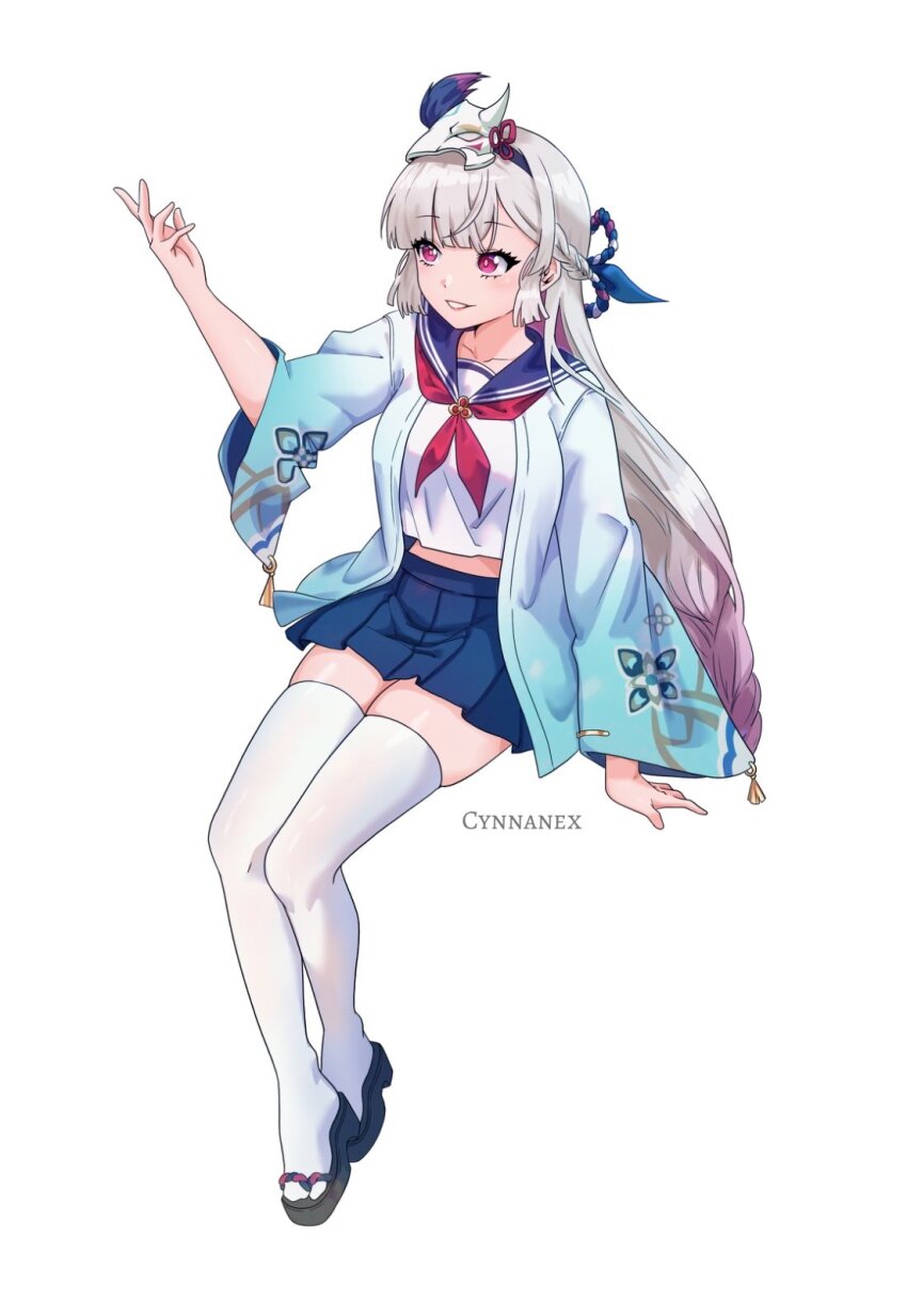 1girl, amamiya_mirei, blue_sailor_collar, blue_skirt, braid, cynnanex, full_body, gradient_hair