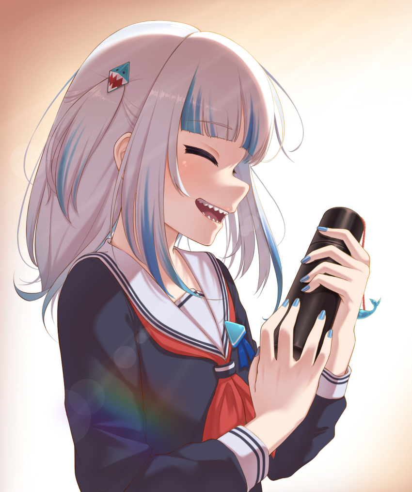 1girl, black_shirt, blue_hair, blue_nails, blush, closed_eyes, diploma_tube, gawr_gura