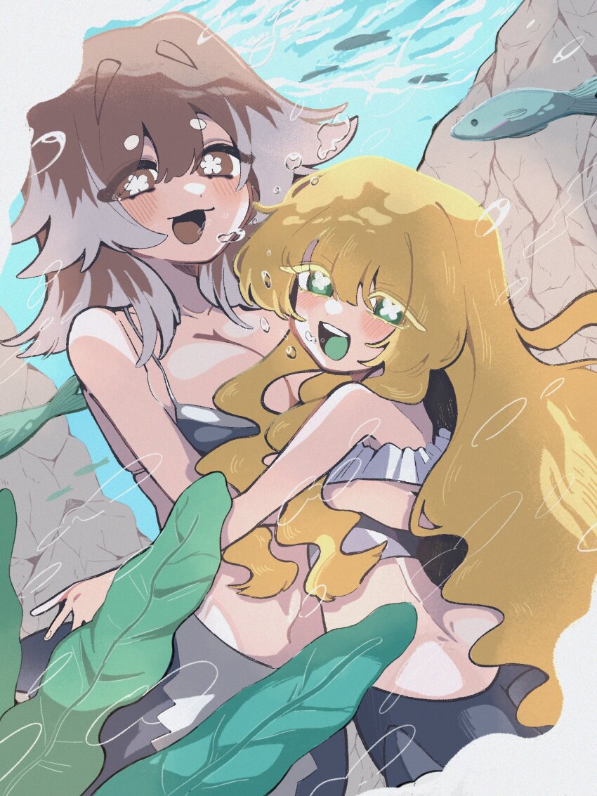 2girls, :d, age_difference, air_bubble, berryice_1515, blonde_hair, breasts, brown_eyes, brown_hair, bubble, cleavage, commentary_request, dei_matsuri, fish, green_eyes, hair_between_eyes, hasu_hasuha, highres, kimi_no_koto_ga_dai_dai_dai_dai_daisuki_na_100-nin_no_kanojo, large_breasts, long_hair, looking_at_viewer, mermaid, monster_girl, monsterification, multicolored_hair, multiple_girls, onee-loli, open_mouth, rock, seaweed, smile, symbol-shaped_pupils, two-tone_hair, underwater, white_hair, x-shaped_pupils