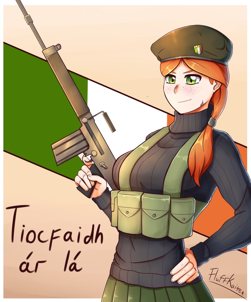 1girl, absurdres, ar-18, assault_rifle, badge, beret, black_sweater, blush