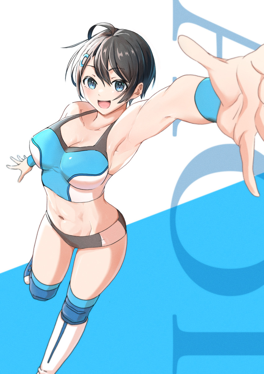 1girl, 28adg, absurdres, blue_eyes, boots, film_grain, hair_ornament, hairclip