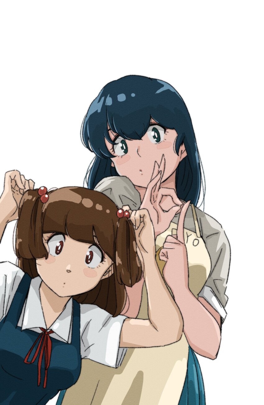 2girls, apron, blue_eyes, blue_hair, brown_eyes, brown_hair, chick_print, dress