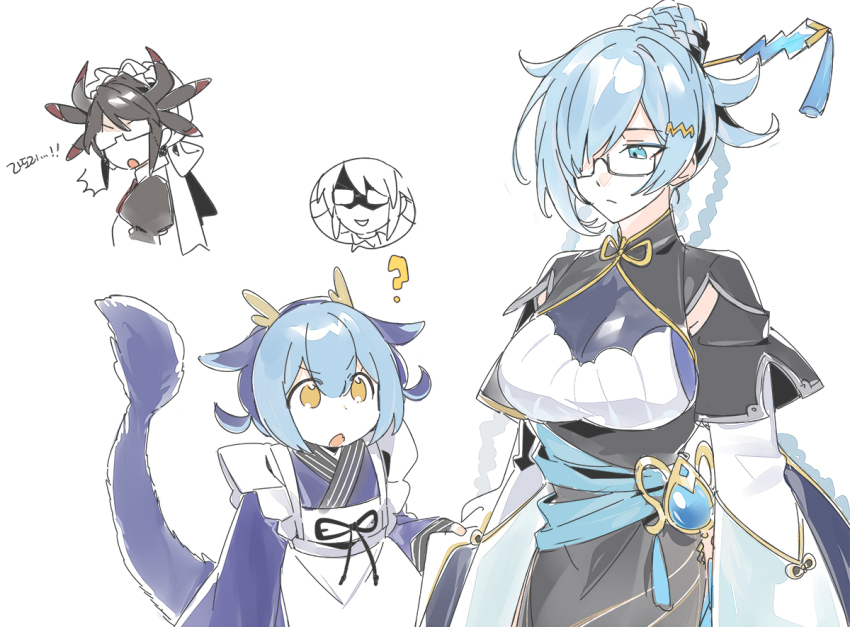 3_ma_me, 3girls, ?, apron, aqua_eyes, aqua_hair, black_hair, blue_hair