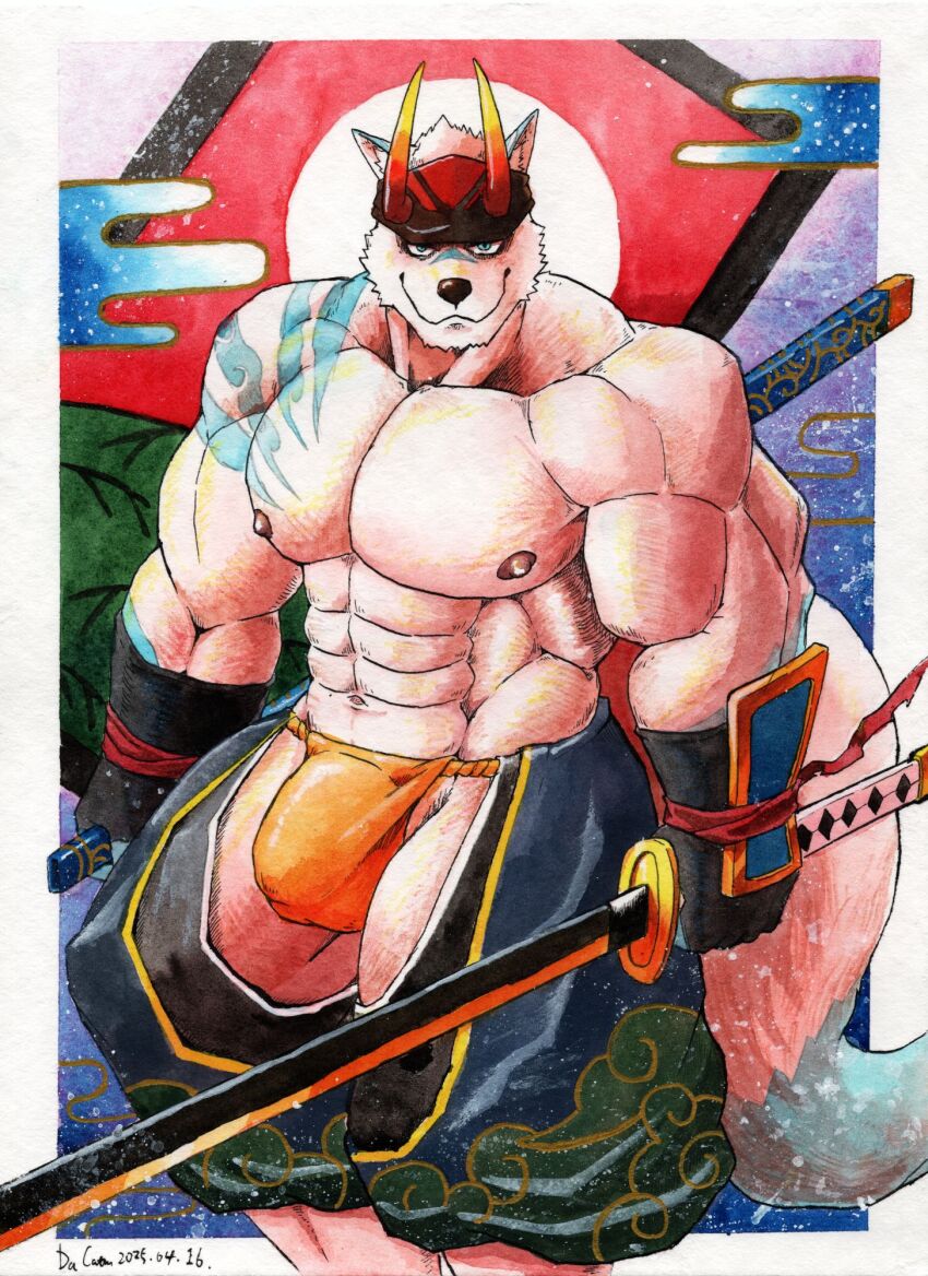 1boy, abs, animal_ears, artist_name, bara, black_gloves, bulge, closed_mouth, commentary, dacatw, dated, english_commentary, fake_horns, furry, furry_male, gloves, highres, holding, holding_sword, holding_weapon, horned_headwear, horns, kumoyama_(xxl), looking_at_viewer, male_focus, muscular, muscular_male, navel, nipples, orange_fundoshi, pectorals, smile, sword, tail, topless_male, traditional_media, weapon, wolf_boy, wolf_ears, wolf_tail, xxl_woofia