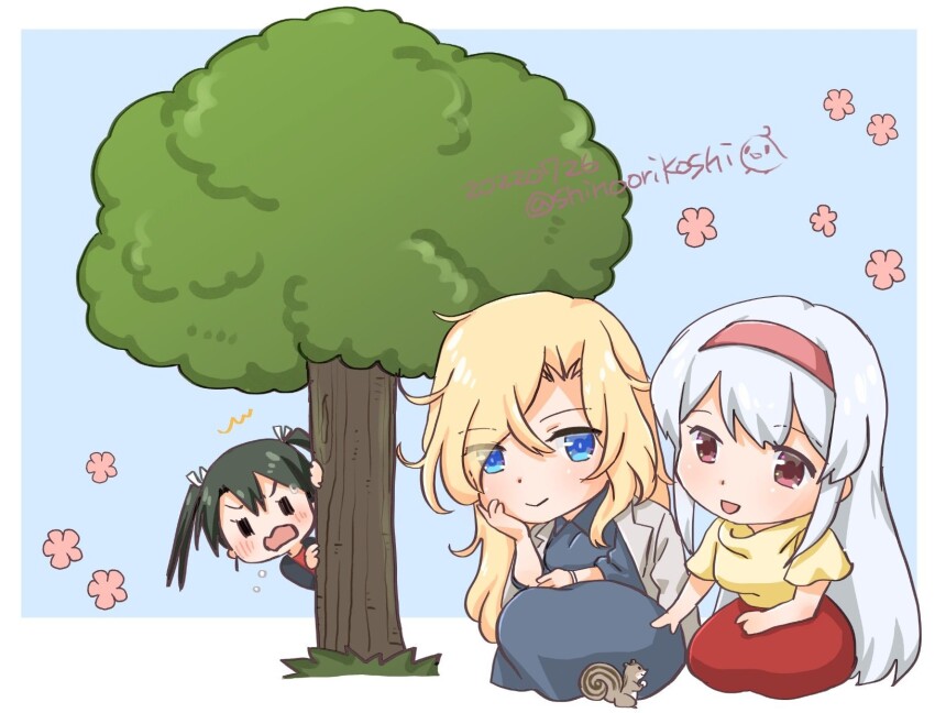 3girls, artist_name, blonde_hair, blue_dress, blue_eyes, dress, grey_jacket, hairband