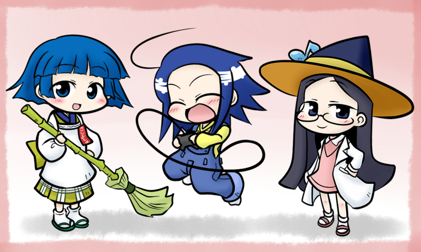 3girls, ^_^, ahoge, apron, black_hair, blue_eyes, blue_hair, blunt_bangs
