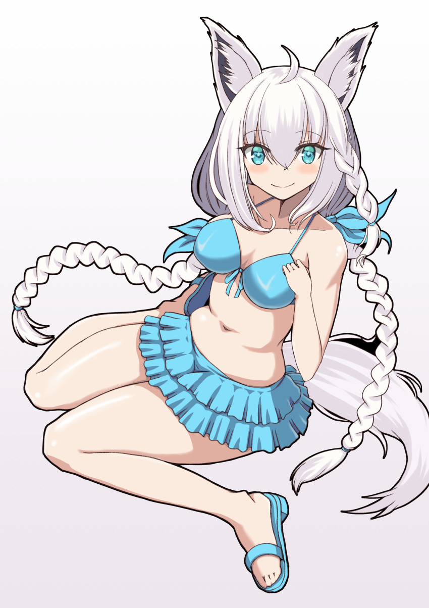 1girl, animal_ear_fluff, animal_ears, bare_shoulders, bikini, blue_bikini, blue_eyes, blue_hair