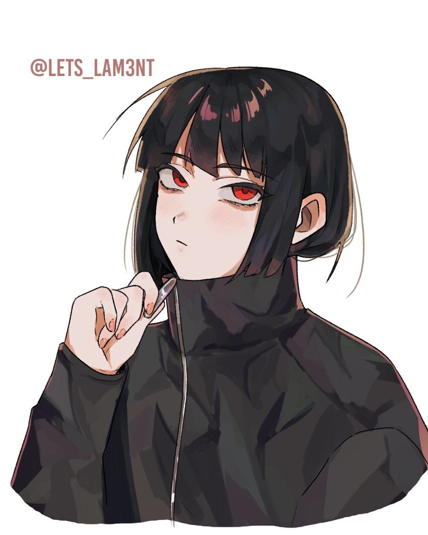 1girl, artist_name, black_hair, black_jacket, bob_cut, closed_mouth, commentary, cropped_shoulders