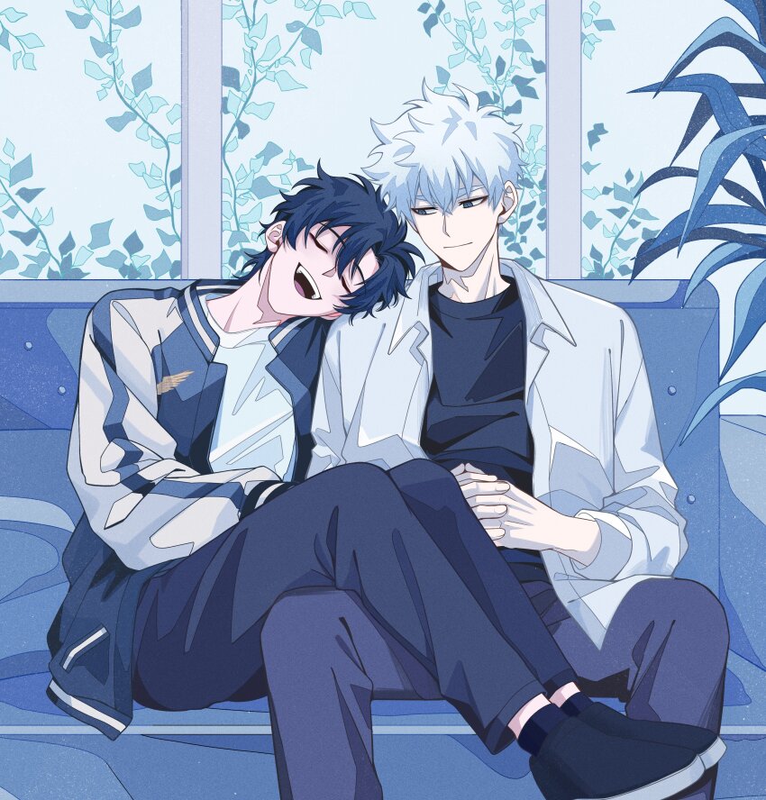 2boys, :d, absurdres, black_hair, black_pants, black_shirt, black_shoes, black_socks