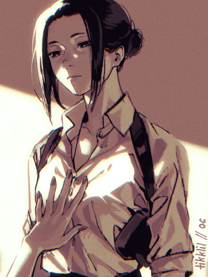 2girls, anna_(drifting_into_summer), artist_name, closed_mouth, collarbone, collared_shirt, commentary, dress_shirt, drifting_into_summer, hair_bun, hand_on_another's_chest, highres, holster, looking_down, madeline_(drifting_into_summer), monochrome, multiple_girls, nail_polish, shirt, short_hair, shoulder_holster, sidelocks, single_hair_bun, solo_focus, tikklil, wing_collar, yuri