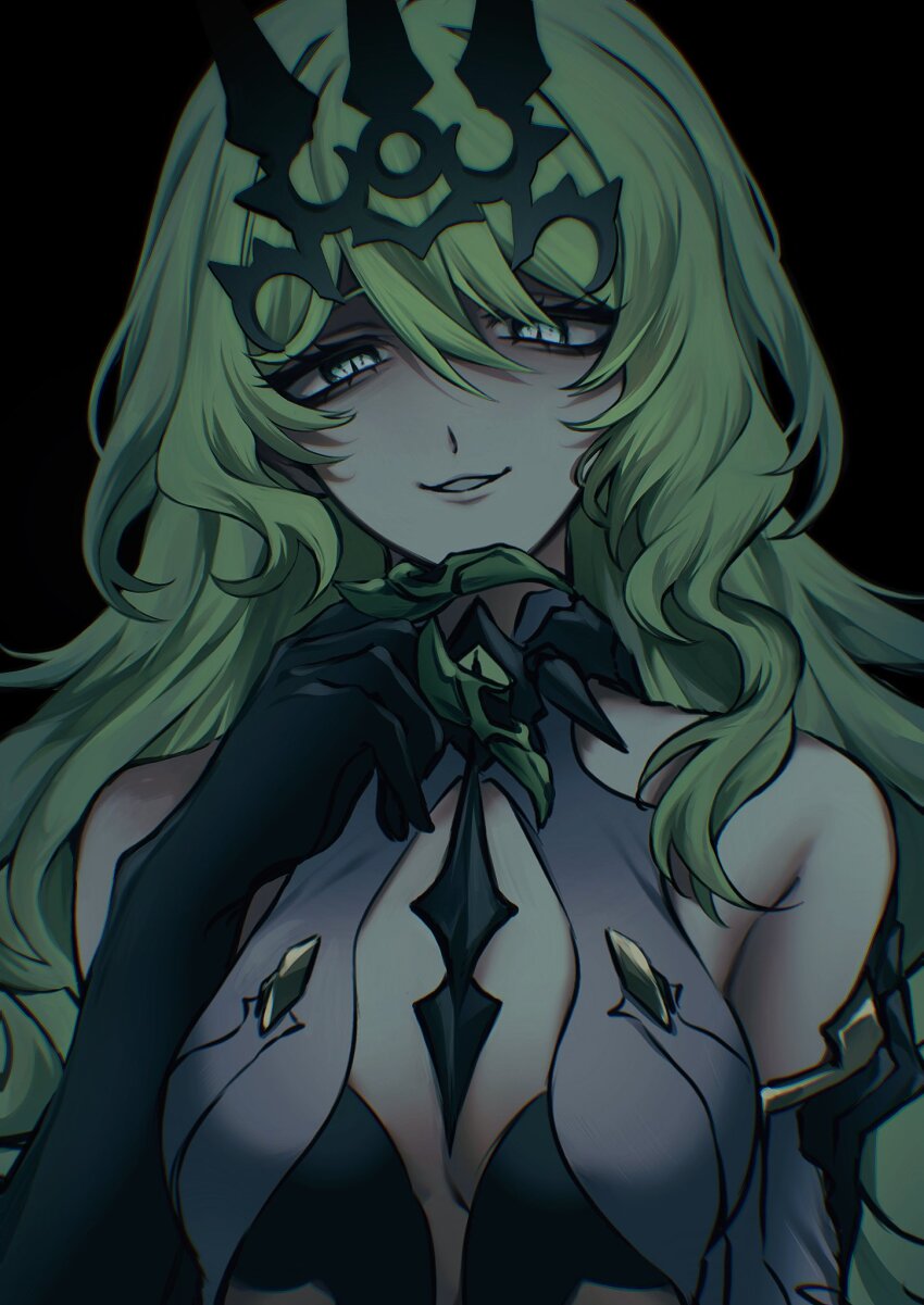 1girl, black_background, black_dress, black_gloves, black_tiara, breasts, claws, dress