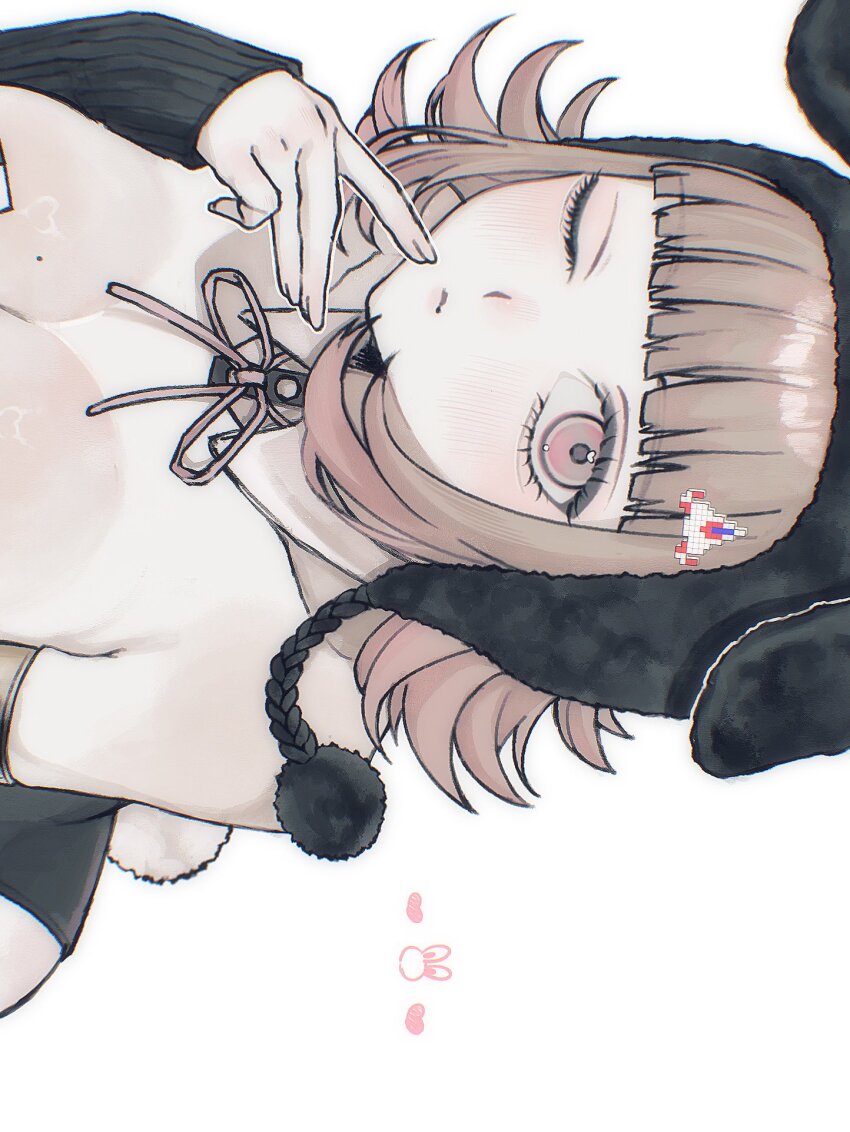 1girl, ;i, animal_ears, blunt_bangs, breasts, brown_hair, danganronpa_(series), danganronpa_2:_goodbye_despair