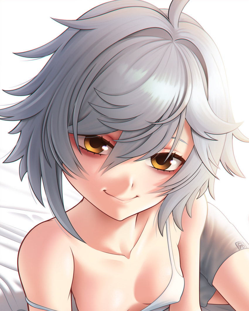 1girl, arm_support, bare_shoulders, bed, breasts, camisole, close-up, covered_erect_nipples