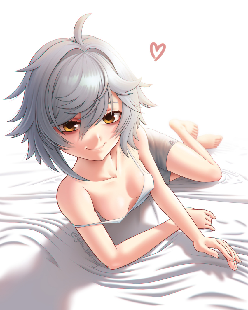 1girl, arm_support, bare_legs, bare_shoulders, bed, breasts, camisole, commentary, covered_erect_nipples, english_commentary, full_body, g11_(girls'_frontline), gbhering, girls'_frontline, girls'_frontline_2:_exilium, hair_between_eyes, half-closed_eyes, heart, highres, looking_at_viewer, lying, mechty_(girls'_frontline_2), medium_hair, messy_hair, on_side, orange_eyes, short_shorts, shorts, small_breasts, smile, solo, spaghetti_strap, strap_slip, white_camisole, white_hair, yellow_eyes