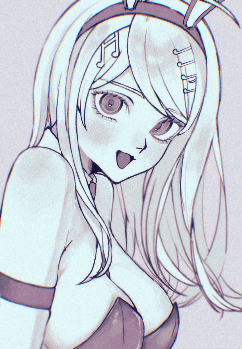 1girl, :d, akamatsu_kaede, animal_ears, bare_shoulders, blush, breasts, cleavage