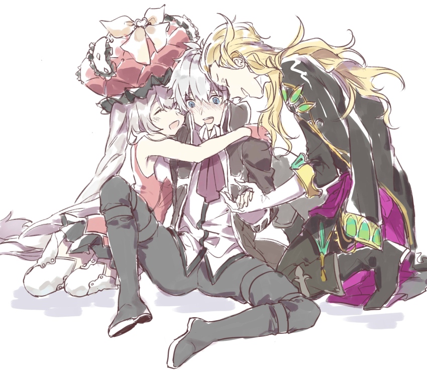 1girl, 2boys, @_@, absurdres, ascot, bare_shoulders, bisexual_male, black_boots