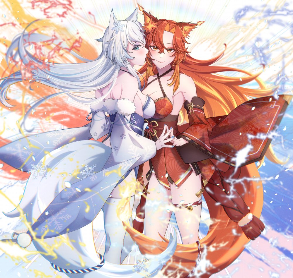 2girls, animal_ears, blue_eyes, blue_nails, closed_mouth, dual_persona, fire, fox_ears
