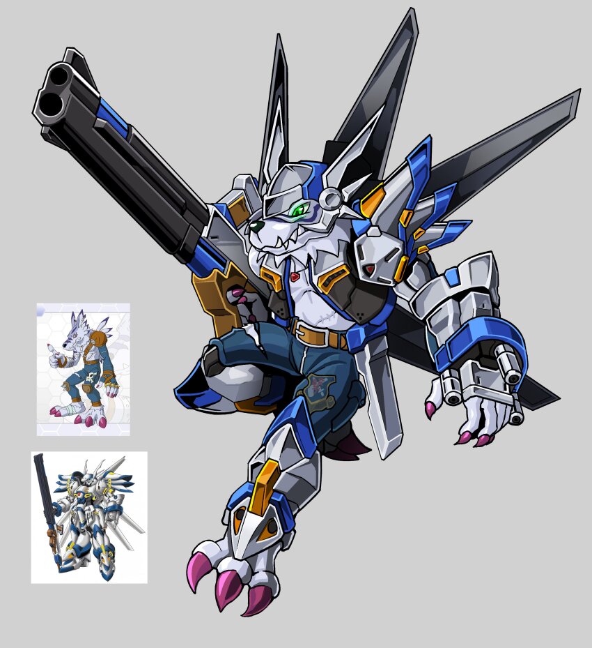 1boy, absurdres, arm_cannon, armor, black_vest, blue_fur, blue_pants, body_fur