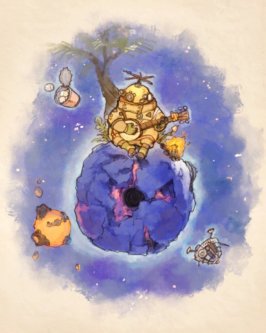 1other, banjo, campfire, can, fire, helmet, highres, holding